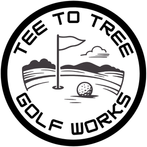 Circular tee to tree golf works logo in black and white